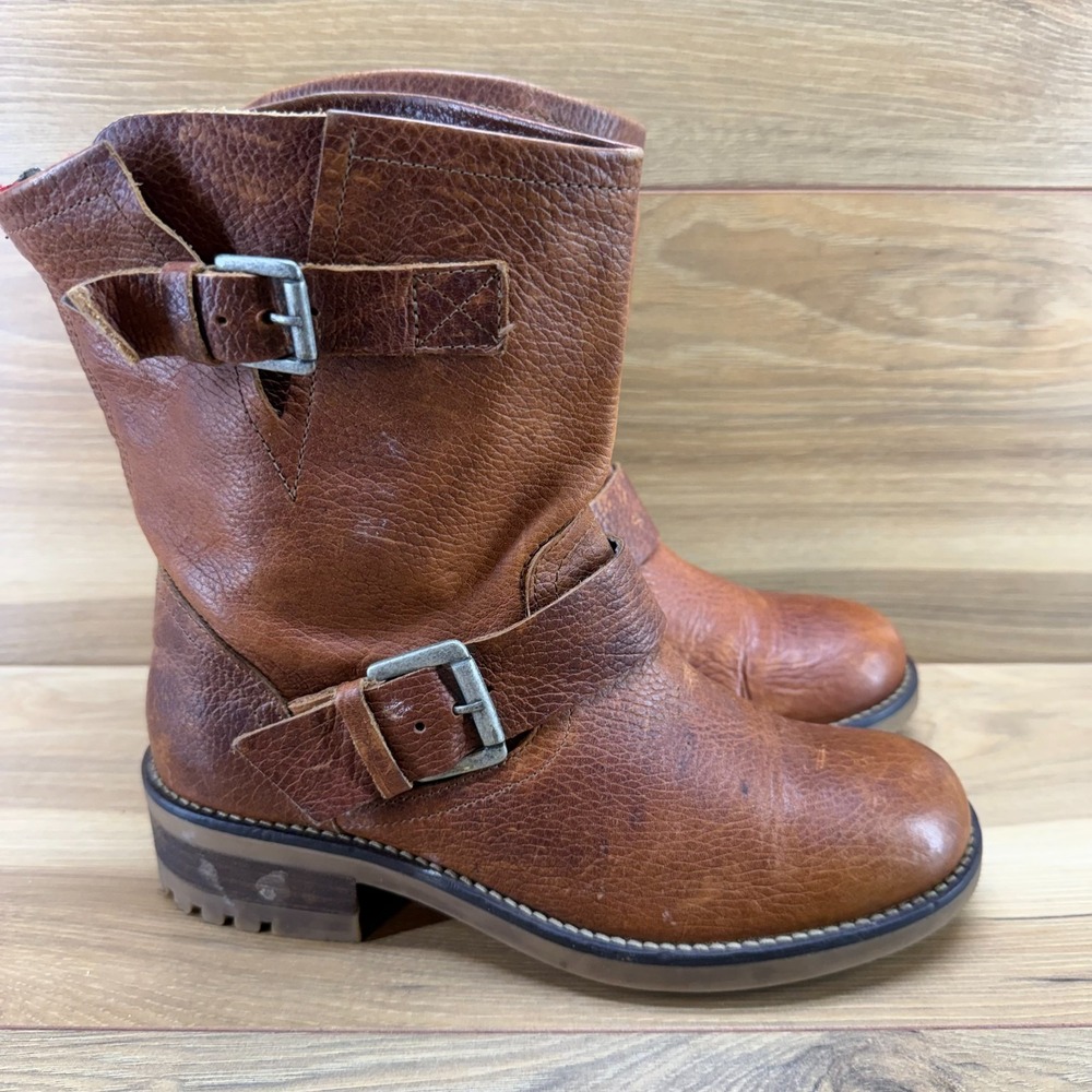 FREEBIRD Chain Biker Motorcycle Boots Womens 8 Cognac Brown Leather Buckle Lug
